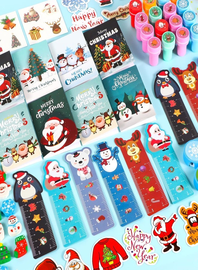 Atonofun 242 Pcs Christmas Party Favors, Christmas School Stationery Set Xmas Classrooms Reward Prizes for Kids Notebooks Stickers Stamps Rulers Pencils Sharpener Erasers for Goodie Bag Fillers - Image 3